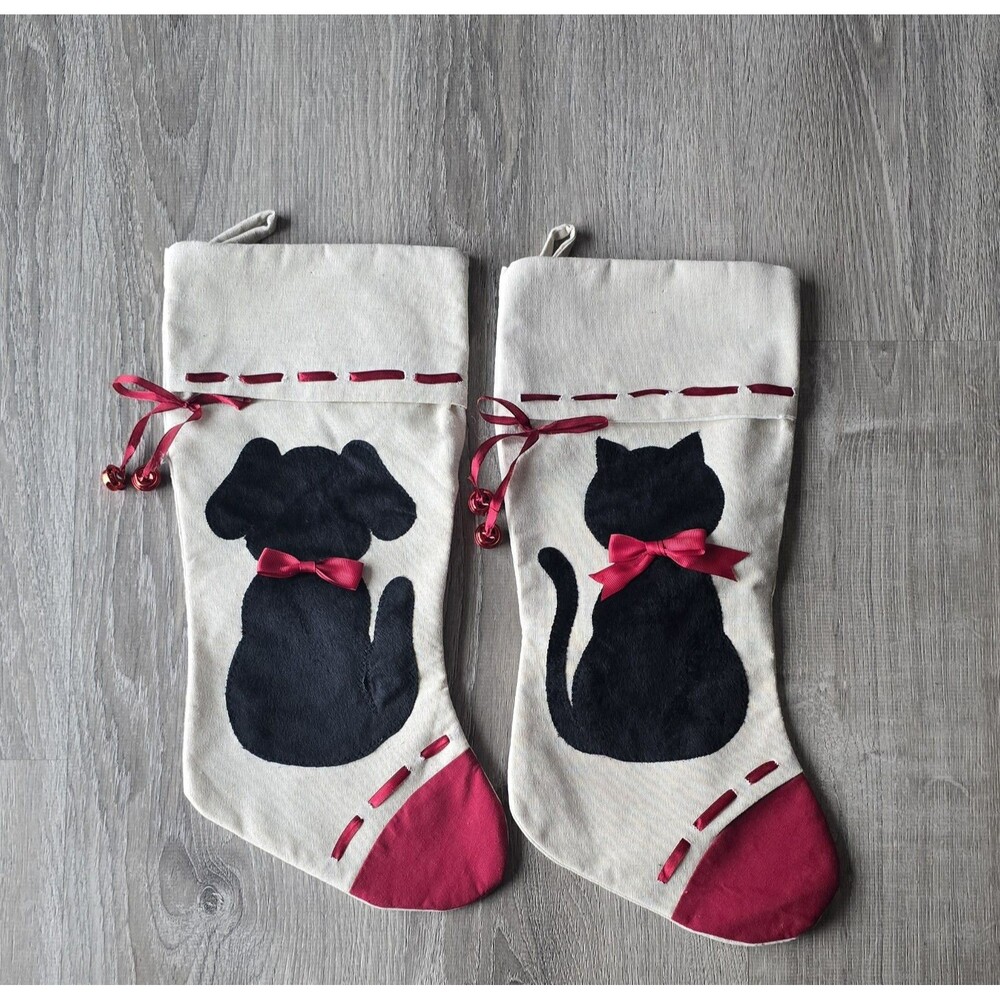 Dog Cat Christmas Stocking 17" Pet Black Kitty & Pup Red Bells Red Ribbon